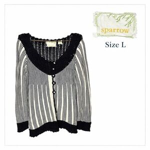 Sparrow Anthropologie Cardigan Sweater Womens L Navy Stripe Crochet Boho Knit